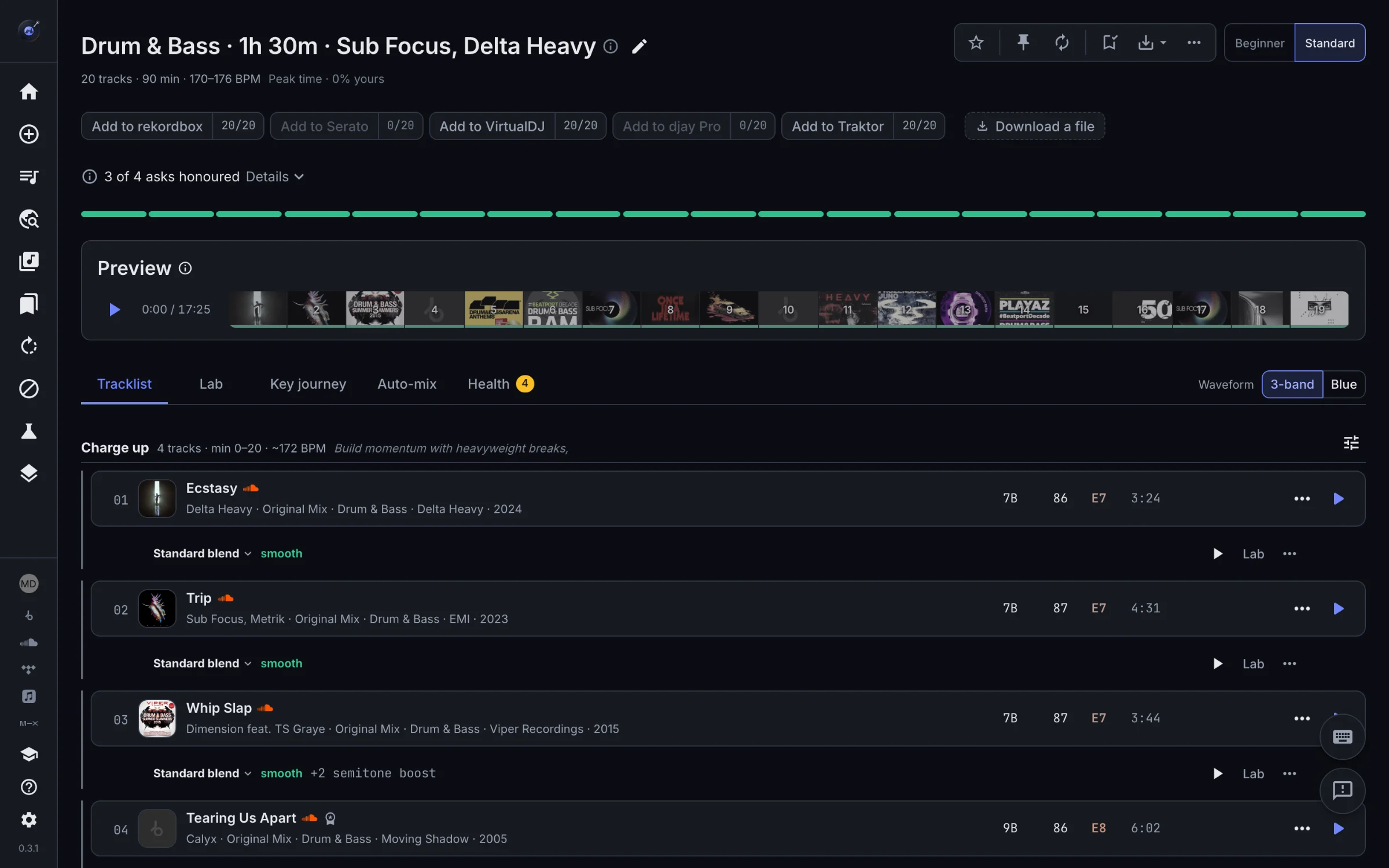 The MixReady set page: a built 20-track set with every transition checked green, the export destinations along the top, a preview of the whole mix, and the tracklist with each transition's blend marked smooth.